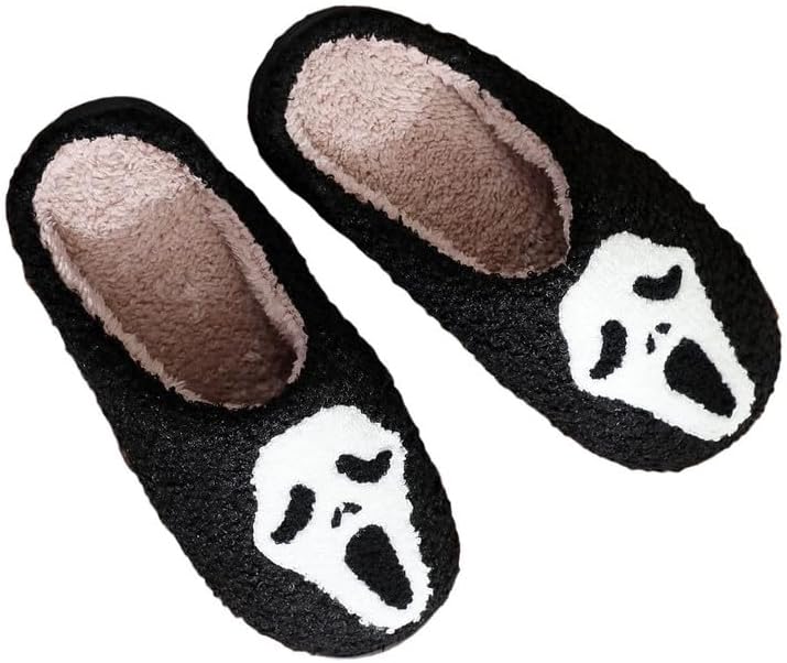 

Тапочки JadeRich на Хэллоуин для женщин и мужчин, уютные плюшевые домашние тапочки, смешной дизайн с черепом и привидением, для дома и улицы, черный