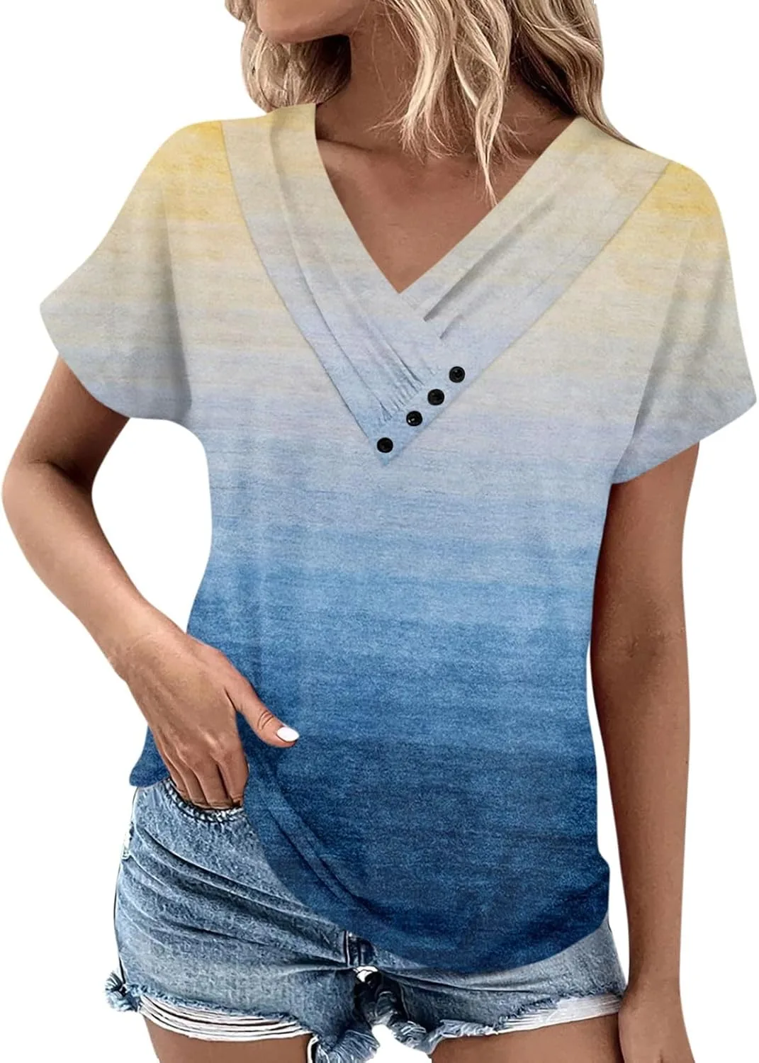 

Женская футболка с коротким рукавом и V-образным вырезом, свободная летняя блузка, S-2XL