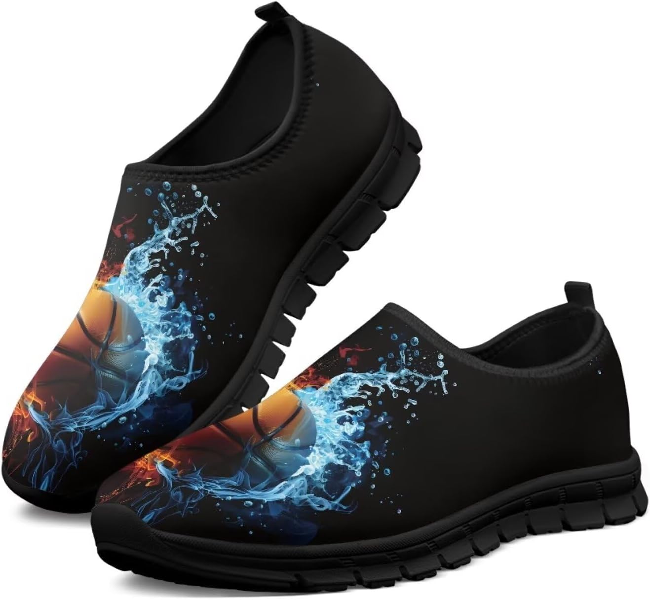 

Мужские кроссовки Qoiuvncy Slip On для прогулок, низкие спортивные туфли, противоскользящие, удобные для бега на улице и путешествий, размер США 5-14, Basketball Water Fire
