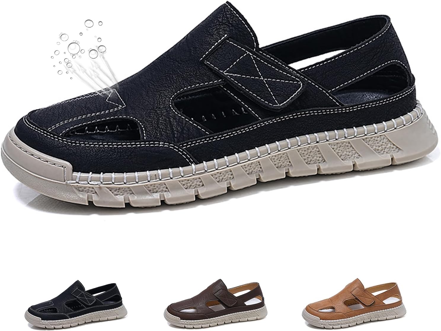 

Кожаные сандалии для мужчин Легкие, дышащие, регулируемые, противоскользящие Мужские сандалии с вырезами для походов, спортивные, повседневные, водные, пляжные, уличные Generic, черный