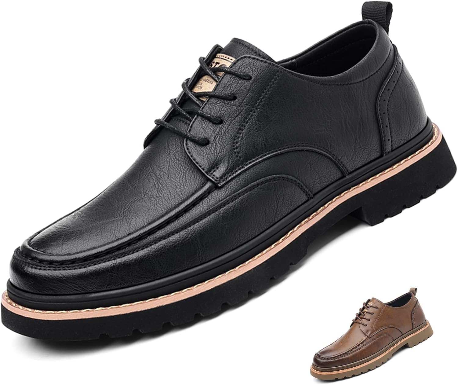 

Мужские кожаные оксфорды на шнуровке с платформой, удобные, с круглым носком, ручная прошивка, мягкие, нескользящие, деловые формальные дерби Ptnoka, черный