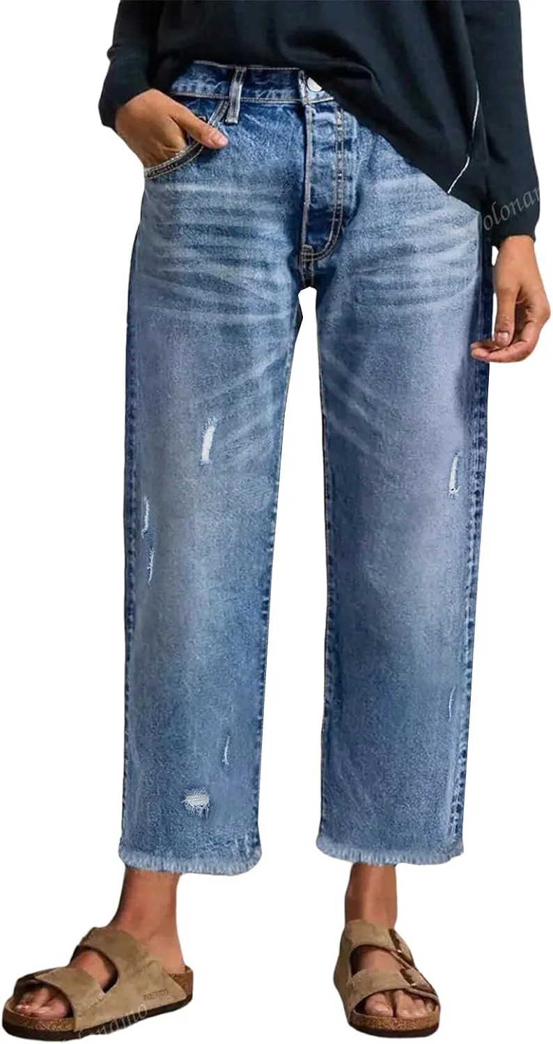 

EVALESS Джинсы для женщин Stretchy Distressed Washed Straight Leg с карманами