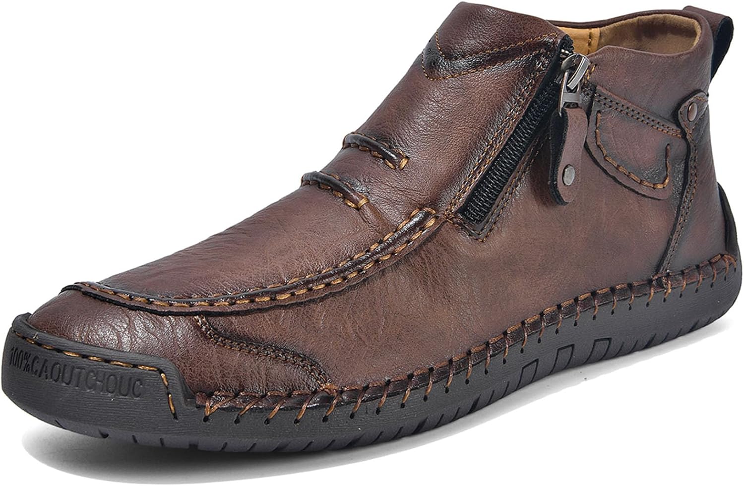 

Мужские классические винтажные ботинки на боковой молнии, ручная строчка, комфортные, противоскользящие, повседневные лоферы, высокие туфли для улицы и вождения, на плоской подошве Zppordmr, коричневый