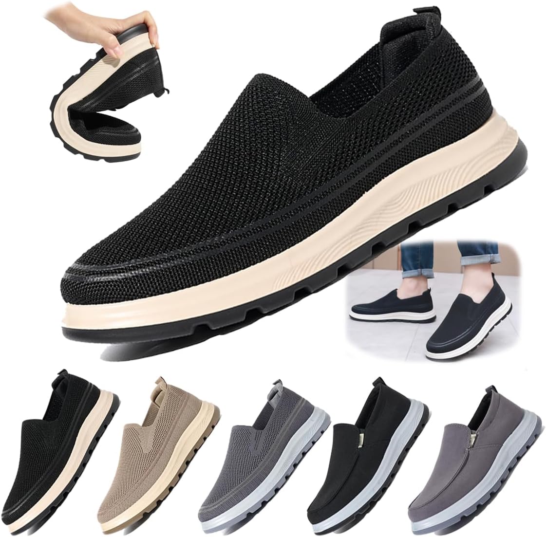 

Мужские кроссовки на пятке с сеткой, дышащие повседневные ходовые туфли с удобной противоскользящей подошвой, легкие кроссовки на каждый день Generic, черный