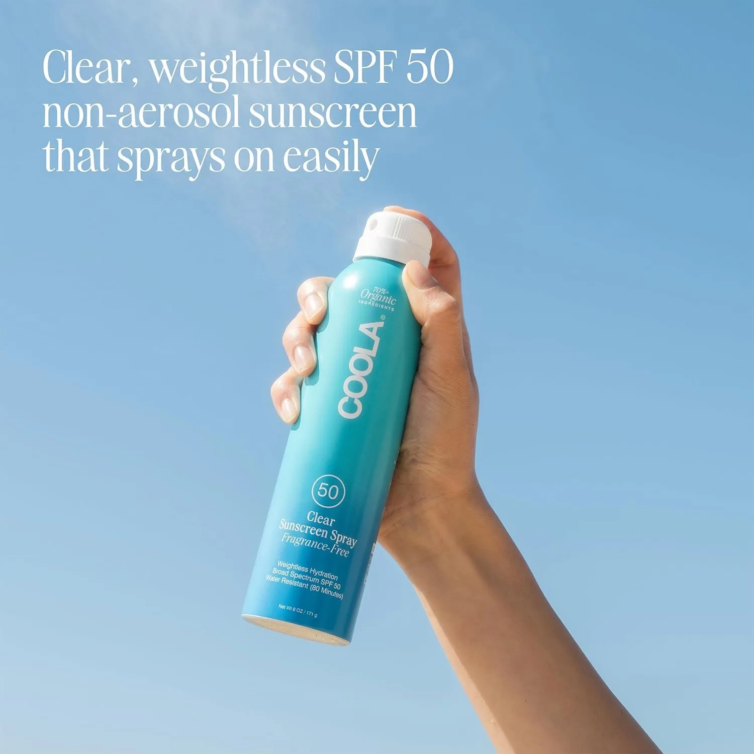 Солнцезащитный спрей COOLA Organic Sunscreen SPF 50, протестирован дерматологами, обеспечивает ежедневную защиту кожи, подходит для веганов, не содержит глютена и отдушек. 177 мл (1 шт.) — фото 2
