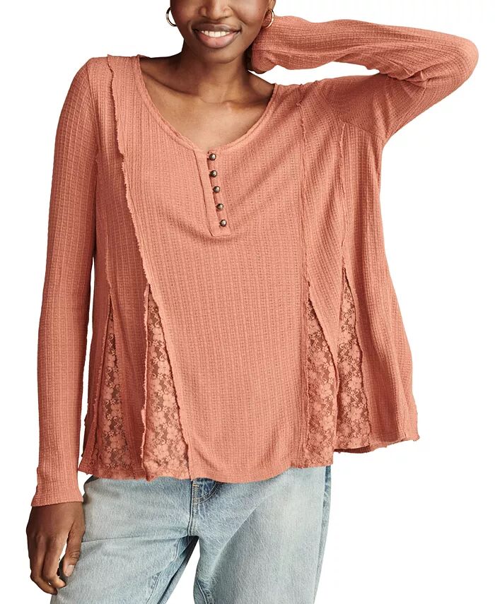 

Женский топ-хенли с V-образным вырезом и кружевом-годе Lucky Brand, коричневый