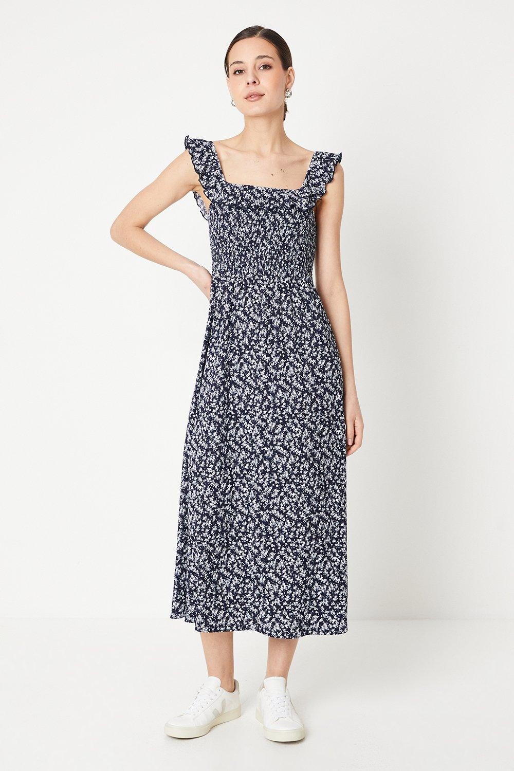 

Темно-синее платье миди с гофрированным лифом и рюшами Dorothy Perkins, темно-синий