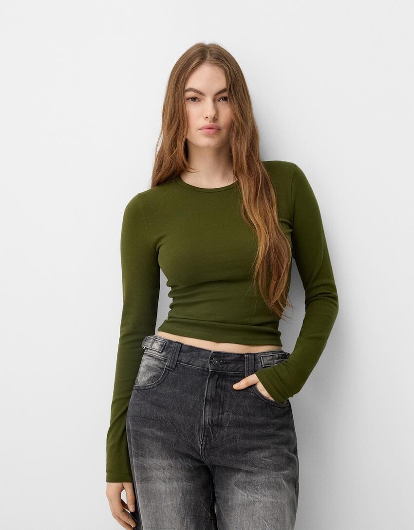 

Футболка с длинным рукавом Bershka, зеленый