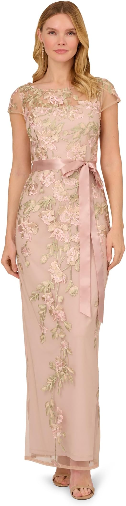

Платье Adrianna Papell Cascading Floral Embroidered Long Column Gown, цвет Blush/Nude Multi