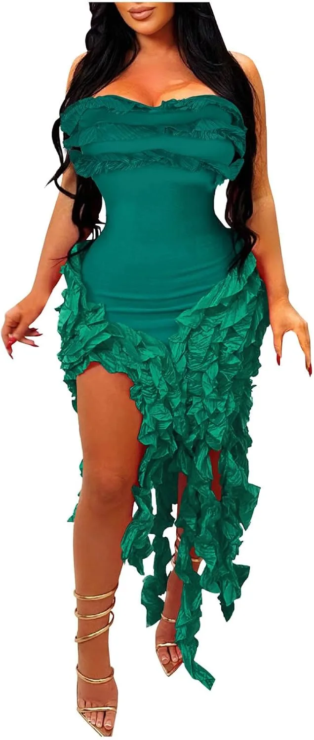 Платье для женщин Ruffle Tassel, без рукавов, облегающее, силуэтное, однотонное, для коктейльной вечеринки или вечера Generic, зеленый