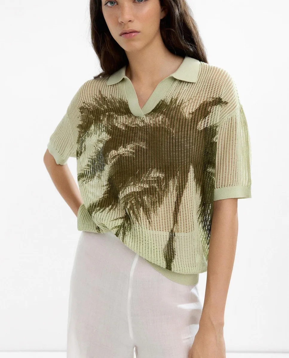 

Женская футболка 100% хлопок короткий рукав ажурная с принтом пальмы Parfois, светло-зеленый