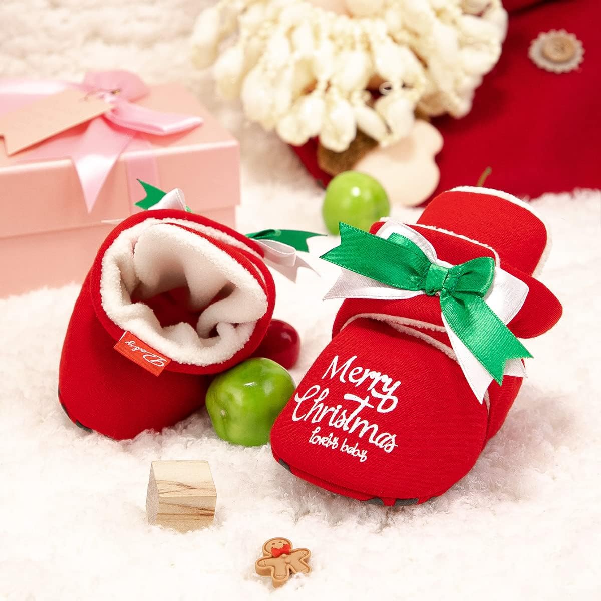 HsdsBebe Унисекс Новорожденные Детские Хлопковые Пинетки с Нескользящей Подошвой для Малышей Мальчиков и Девочек Зимние Теплые Флисовые Носочки-Обувь, H/Christmas Bow 1 — фото 4