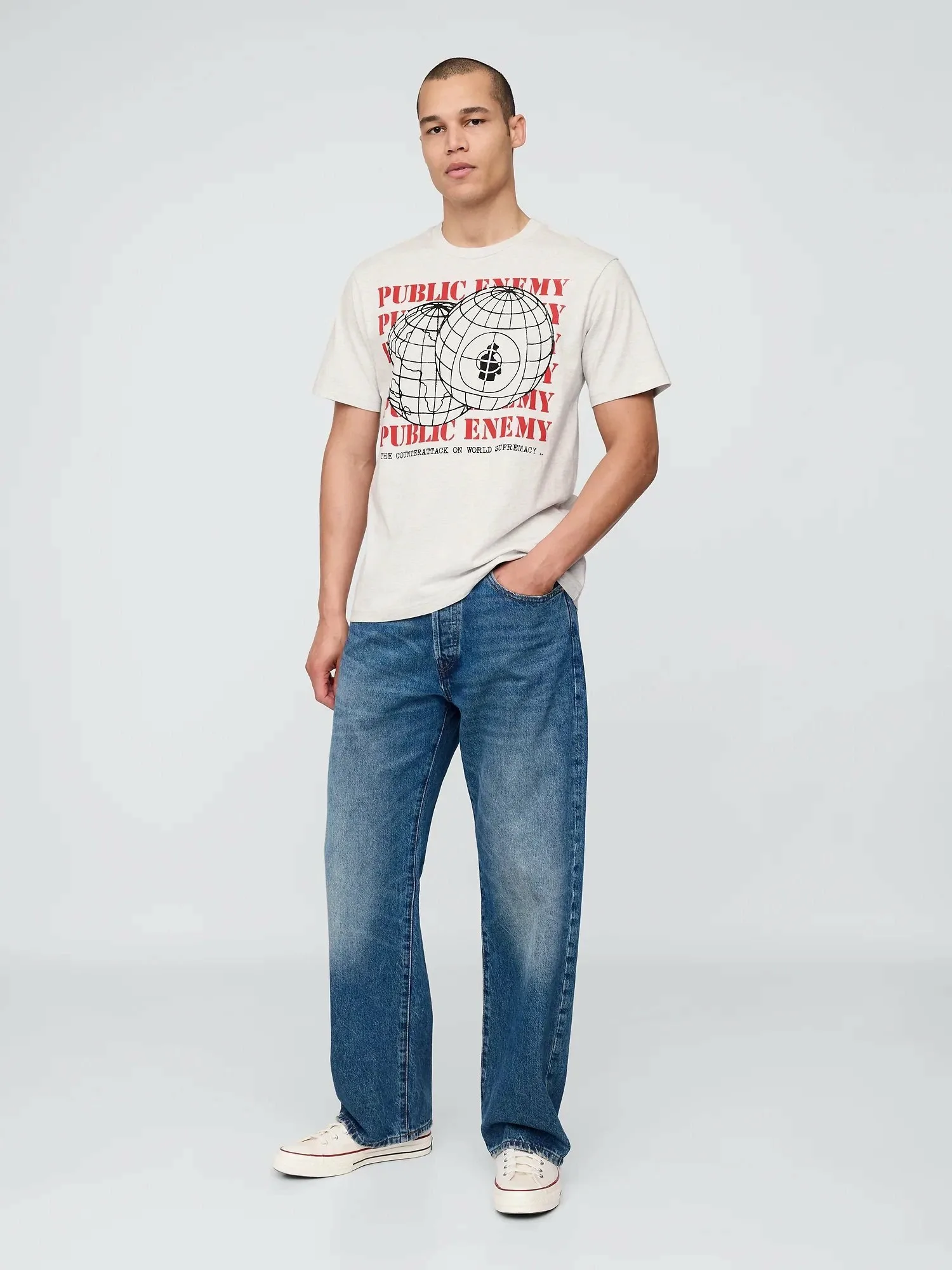 (U)■Футболка с графическим принтом "Public Enemy" в стиле casual/PUBLIC ENEMY GAP, PALE_GREY_HEATHER_BC01 — фото 3