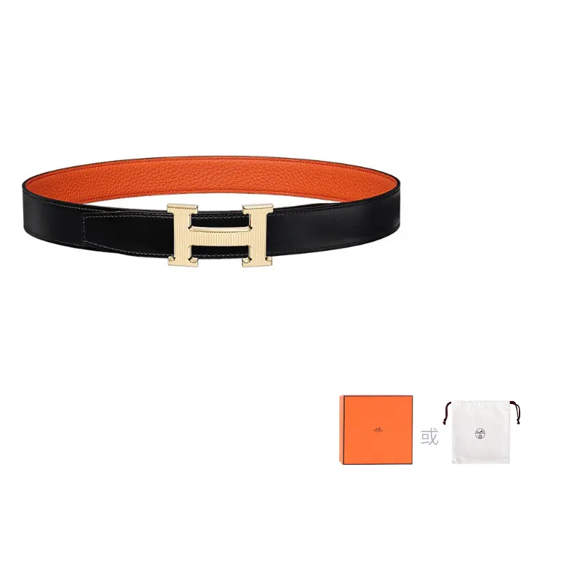 

HERMES Женский кожаный ремень из телячьей кожи шириной 3,2 см, Black/Orange