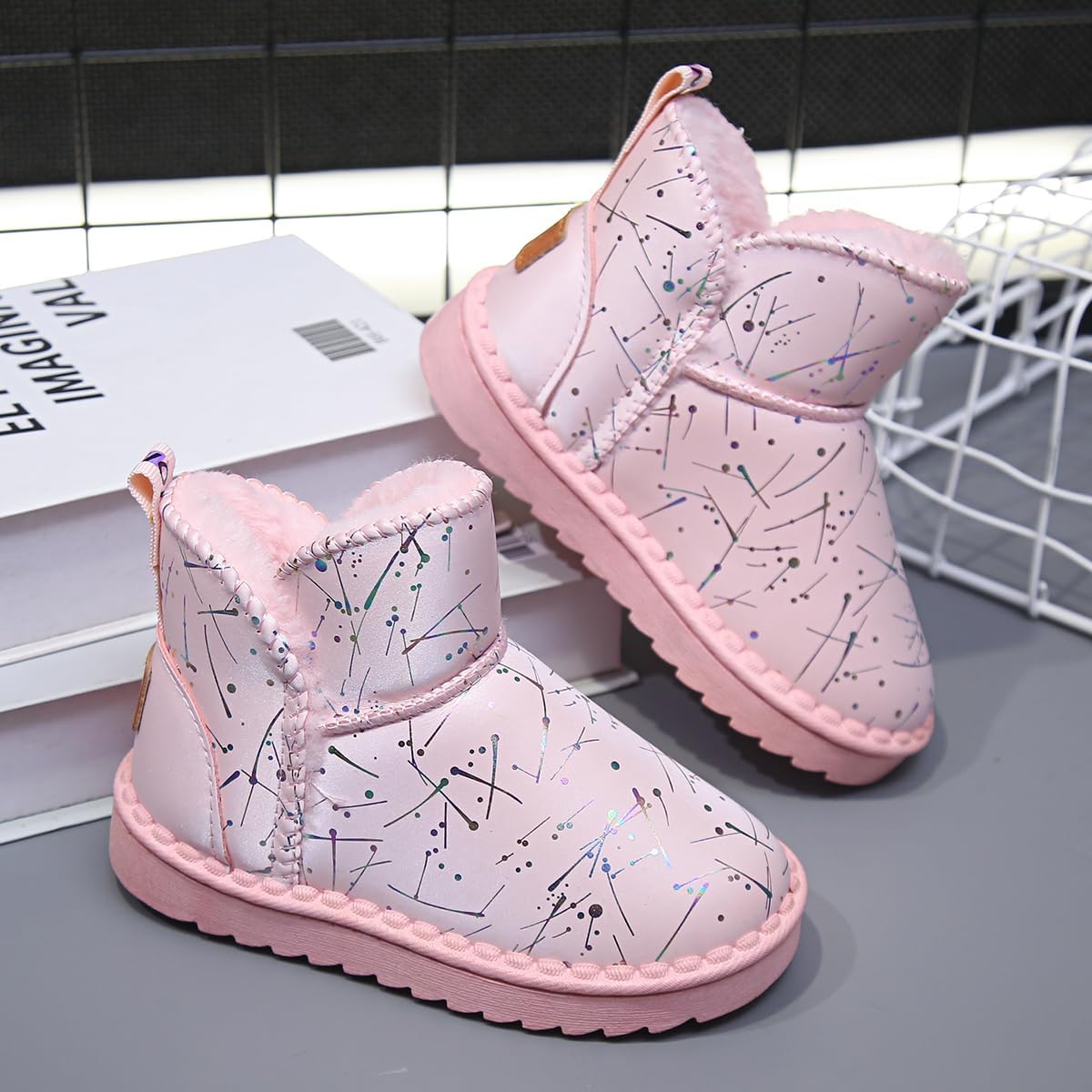 

Детские блестящие зимние сапожки - теплые водонепроницаемые ботинки до щиколотки с флисовой подкладкой и нескользящей подошвой, стильная зимняя обувь для игр на улице Yaohuixy, Pink