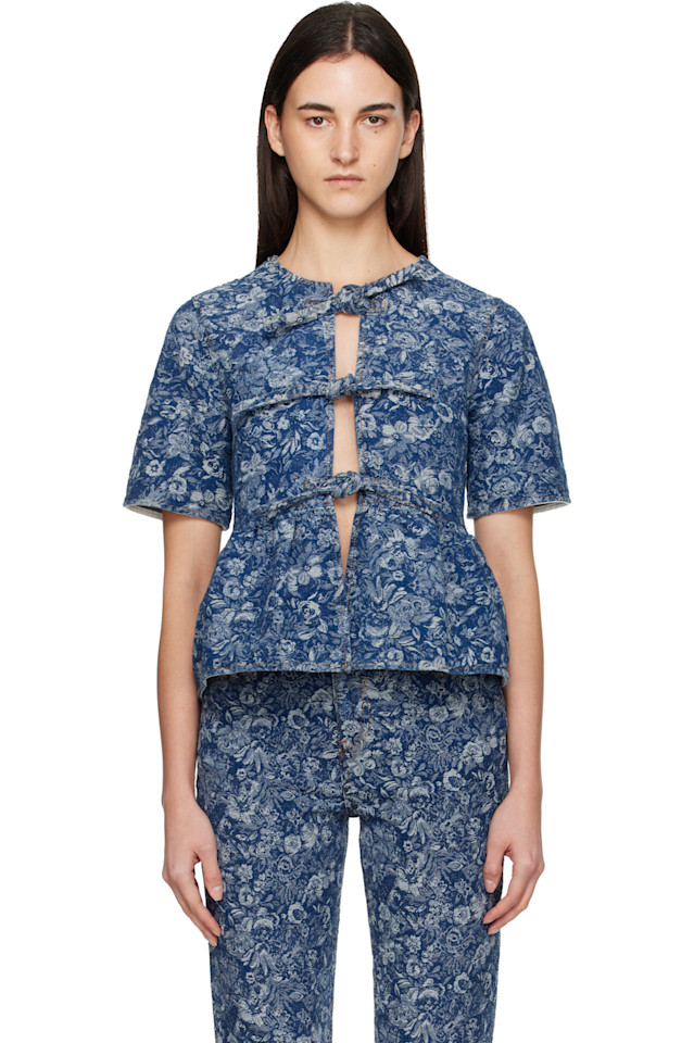 

Ganni Блузка с баской из синего гобелена