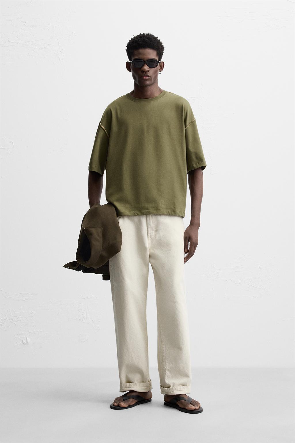 

Контрастная футболка ZARA, цвет Dark khaki