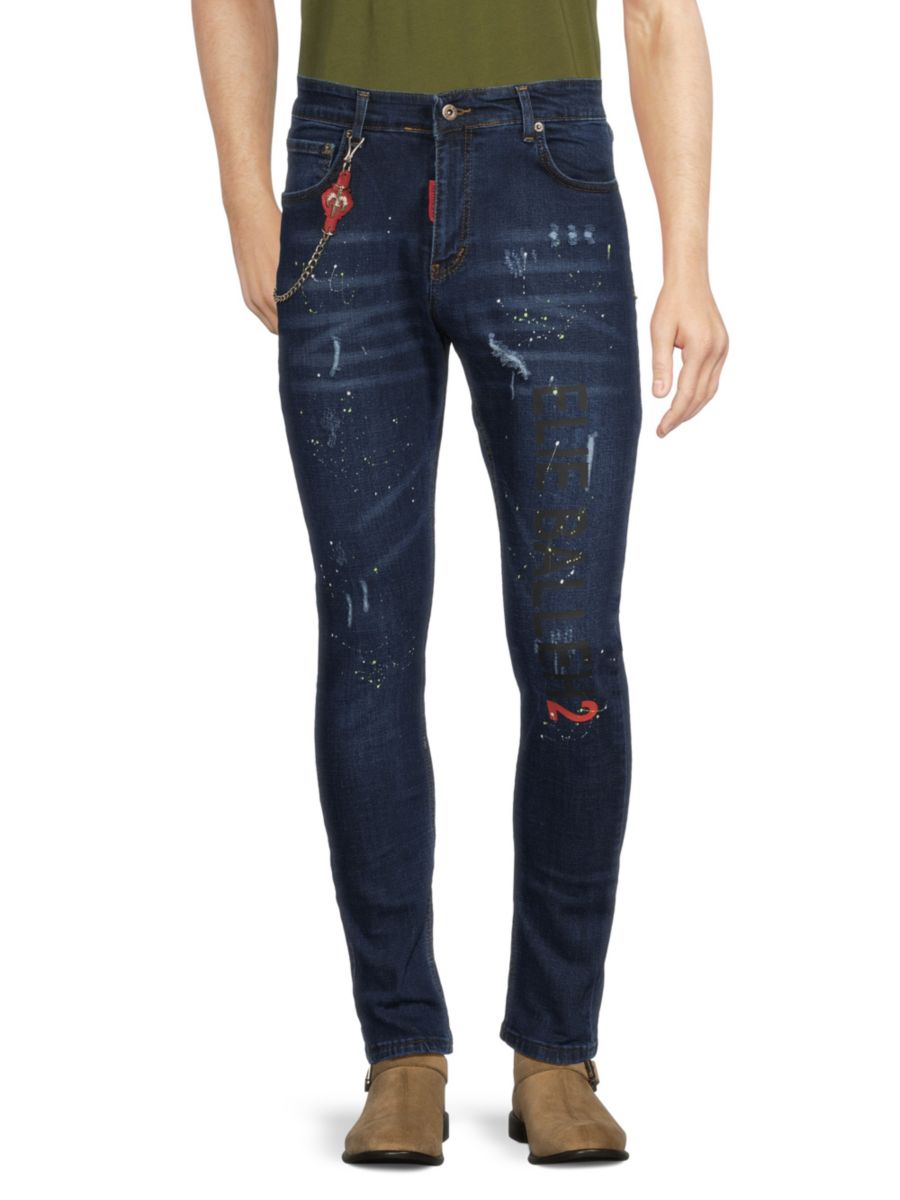 

Джинсы Slim Fit с рваными краями и принтом брызги краски Elie Balleh, цвет Dark Blue