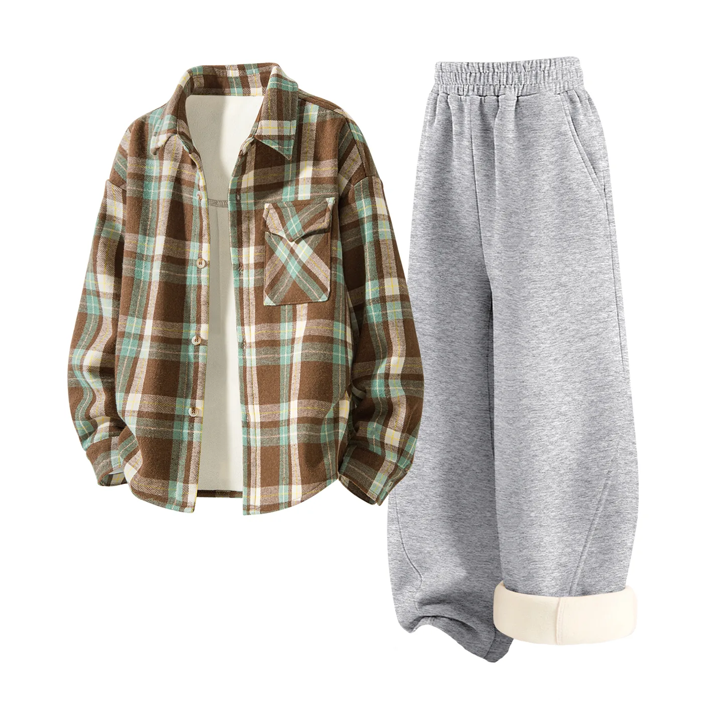 Детский спортивный костюм с воротником-стойкой на флисе Disney, [Thickened and Fleece-Lined]Solid Color Rum Brown Plaid+Solid Color Heather Gray
