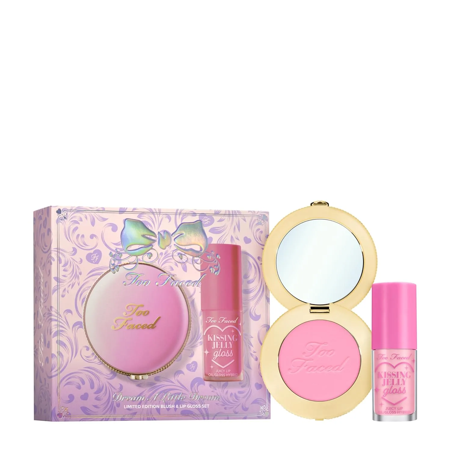 Набор румян и блеска для губ Too Faced Dream A Little Dream | Пудровые румяна Cloud Crush + масло для губ Kissing Jelly с полупрозрачным покрытием, подарочный набор, Pink
