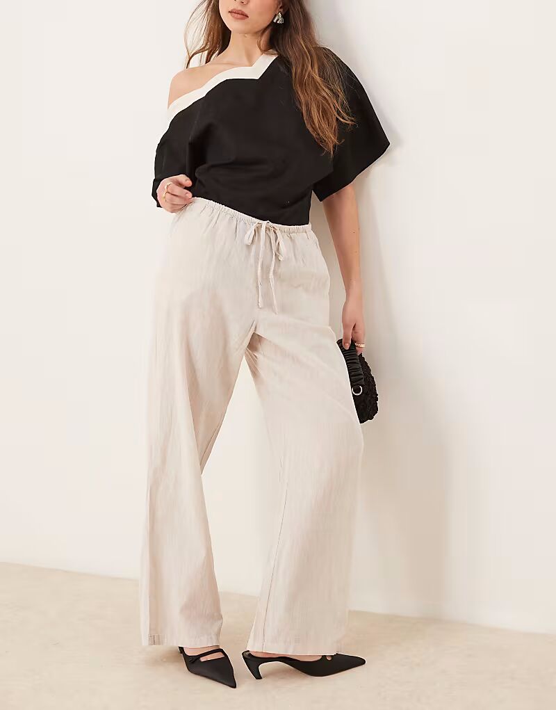 

Брюки Gina Tricot широкого кроя из льняной смеси с кулиской на талии бежевого цвета