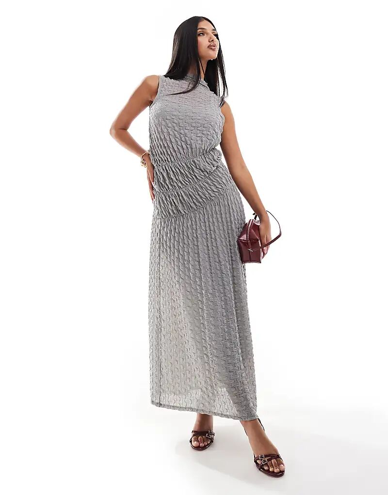 

Жатое макси-платье с высоким воротом, сборками и декоративными швами светло-серого цвета ASOS DESIGN