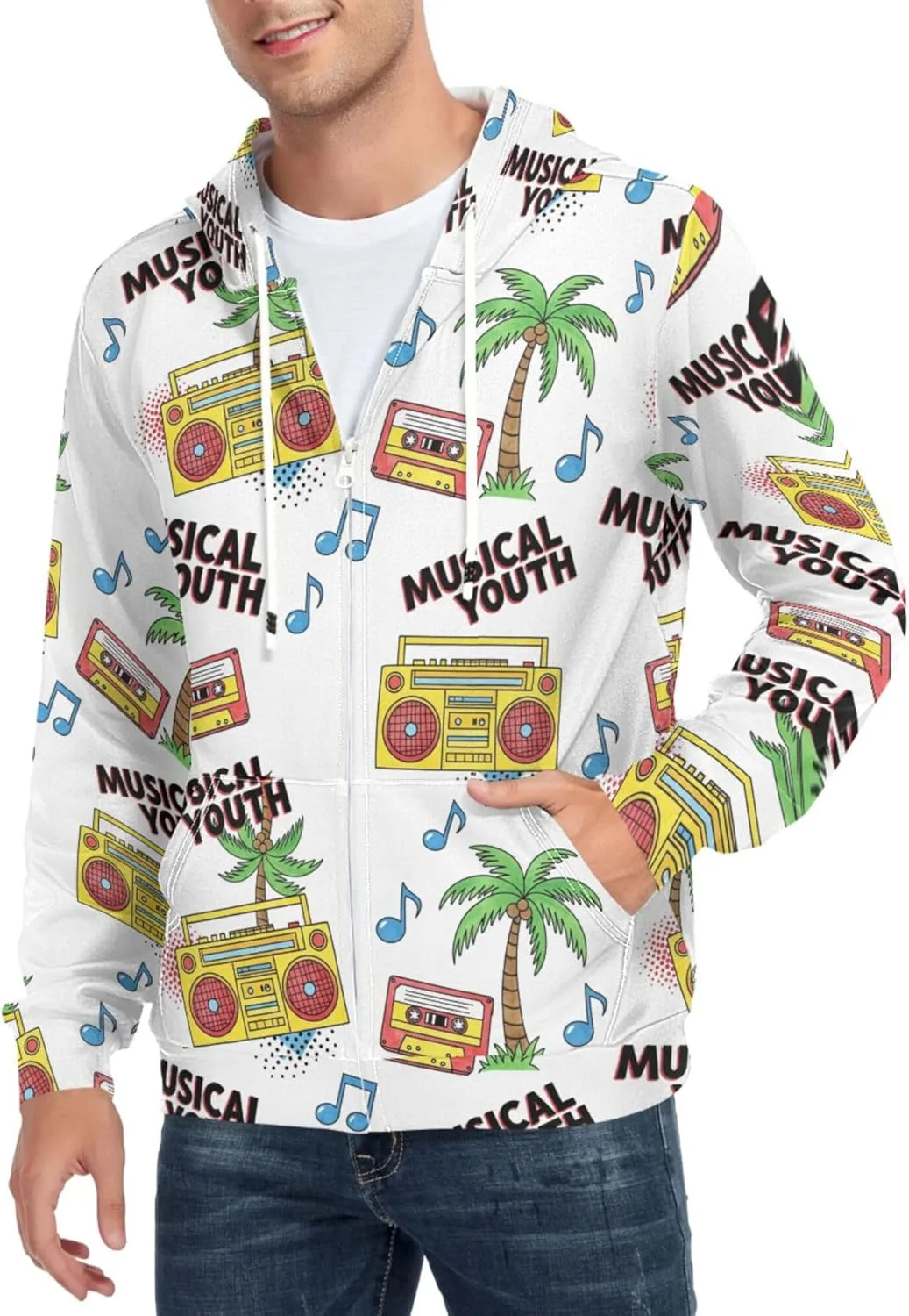 

Мужской худи на молнии Musical Youth Boombox с принтом пальмы и карманом CUPADA