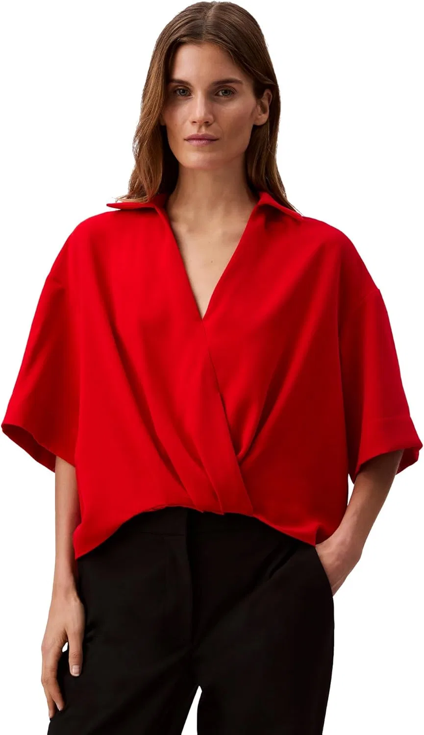 Блуза, крэп, Peasant Top, Calvin Klein, goji berry