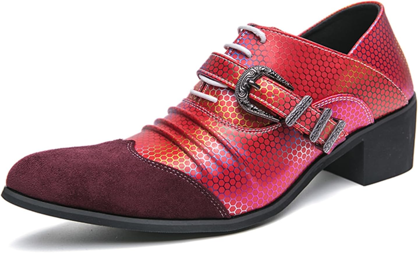 

Мужские голографические классические туфли Dacnakby с замшевым носком, пряжкой, каблуком-блоком и шестиугольным узором. Удобные лоферы для костюма и повседневной носки, красный