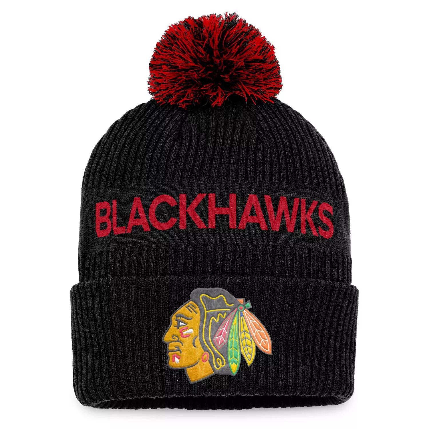 

Мужская черная/красная мужская фирменная шапка Chicago Blackhawks NHL Draft 2022 NHL Authentic Pro с манжетами и помпоном Fanatics