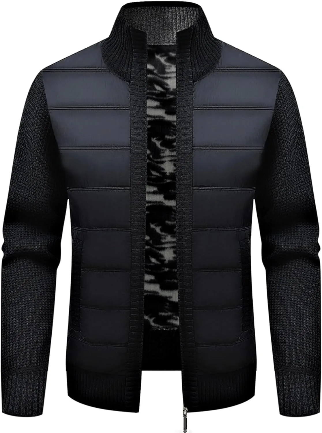 Мужской вязаный стеганый кардиган Casual Slim на молнии с мягкой фланелевой подкладкой и карманами