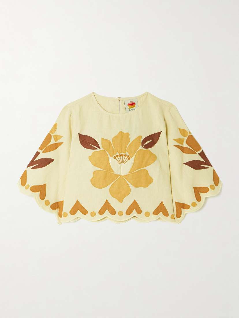 

Летний укороченный льняной топ с фестончатой аппликацией Farm Rio, желтый