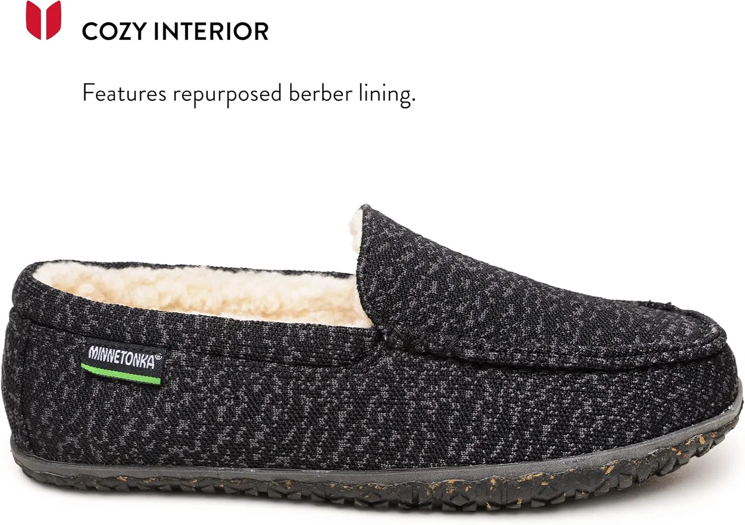 Мужские повседневные лоферы Minnetonka Eco Elm Slip-On с подкладкой из переработанной берберской ткани, съемной анатомической стелькой, резиновой подошвой MinnTREAD с тройным протектором и верхом из переработанной ткани, Black — фото 2