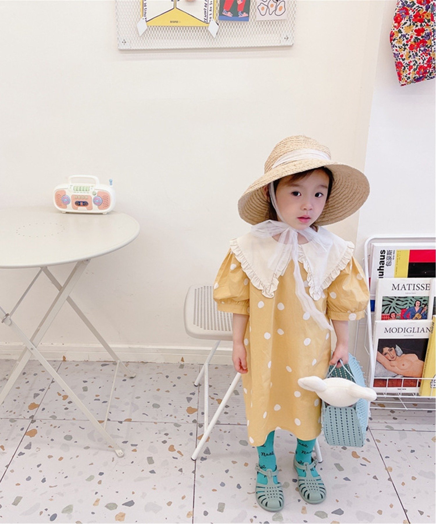 Платье в горошек с большим воротником, подобранное по цвету Aimoha Kids, Yellow