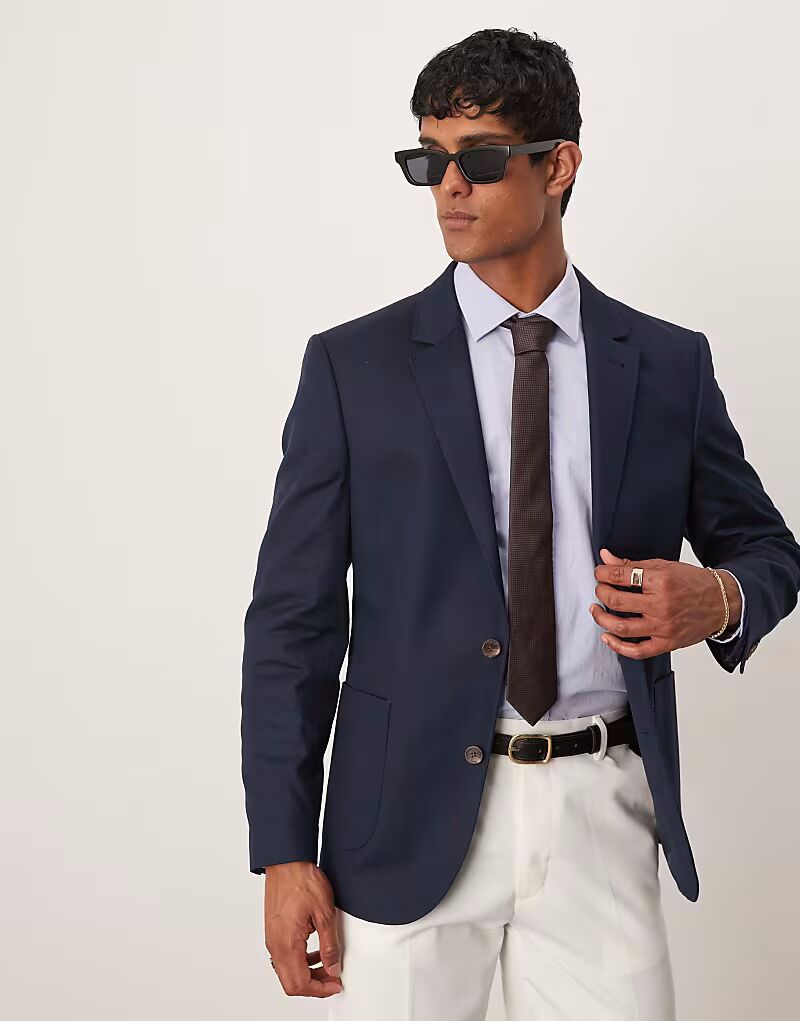

ASOS DESIGN тонкий пиджак из смеси хлопка и льна темно-синего цвета