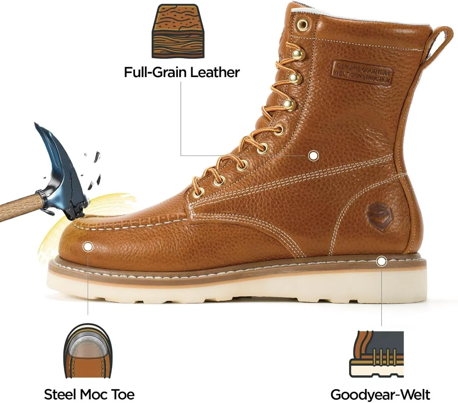 Рабочие ботинки SUREWAY GoodyearWelt 8 дюймов, мужские, с мягким носком, из высококачественной натуральной кожи, защитные рабочие ботинки, удобная стелька, маслоотталкивающее покрытие, Steel Toe Cap Lt Bn — фото 4
