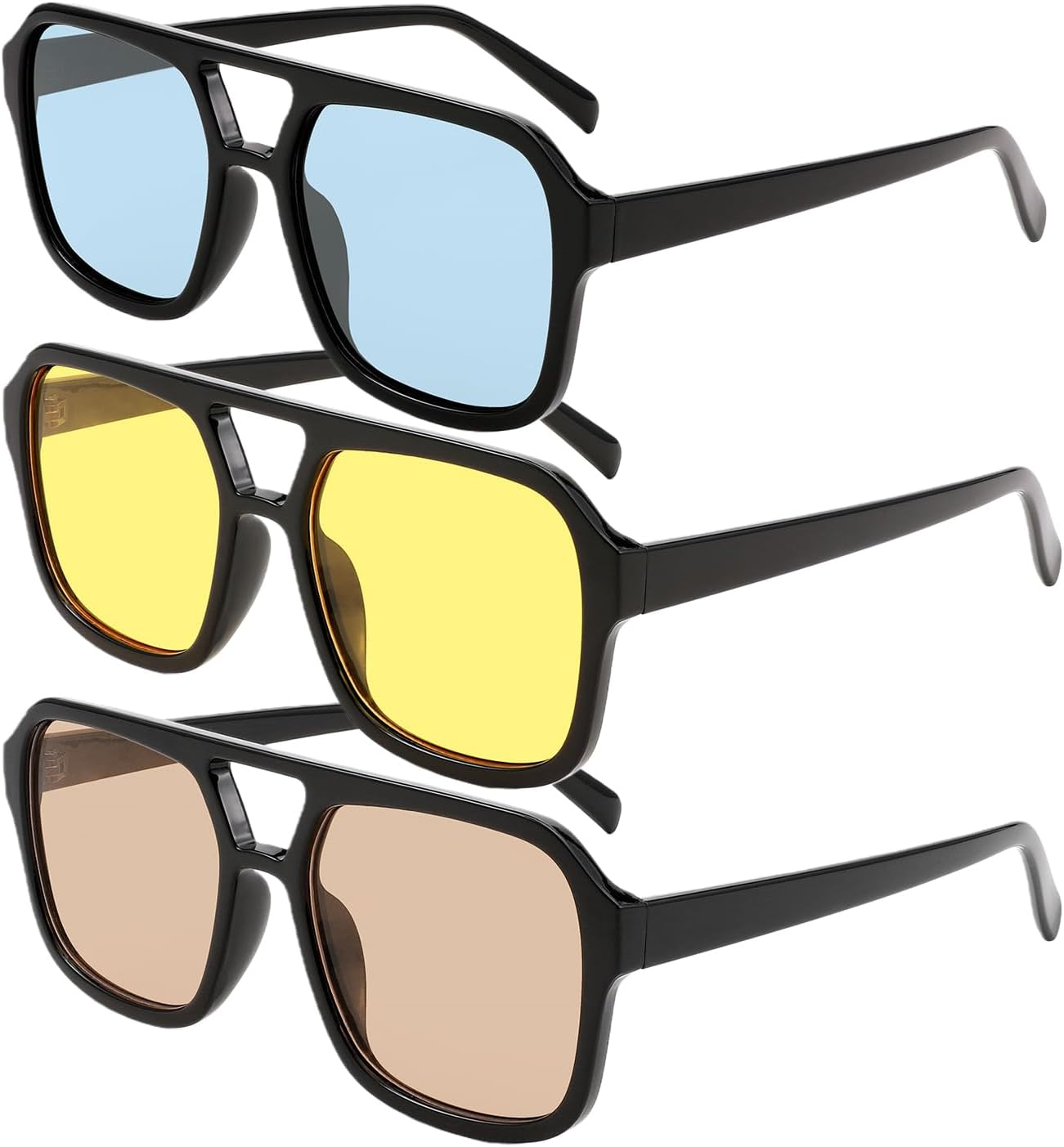 

Солнцезащитные очки Karsaer Vision Retro Aviator в классической винтажной квадратной оправе в стиле 70-х годов с двойной перемычкой, Blue Lens + Yellow Lens + Light Brown Lens