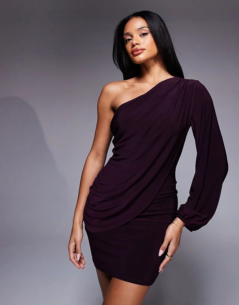 

Мини-платье ASOS DESIGN с одним рукавом и драпировкой сливового цвета