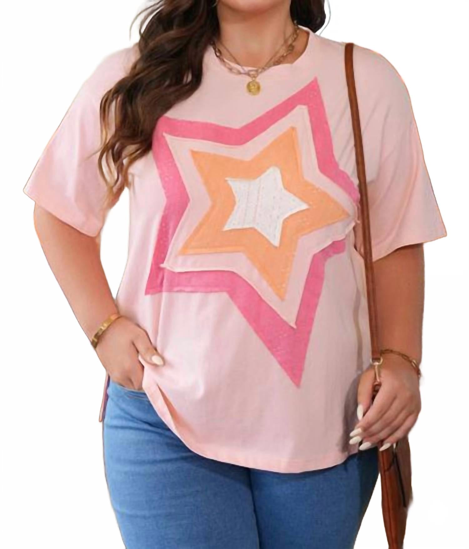 

Shewin Футболка с аппликацией в виде звезд в стиле колорблок - больших размеров, розовый цвет