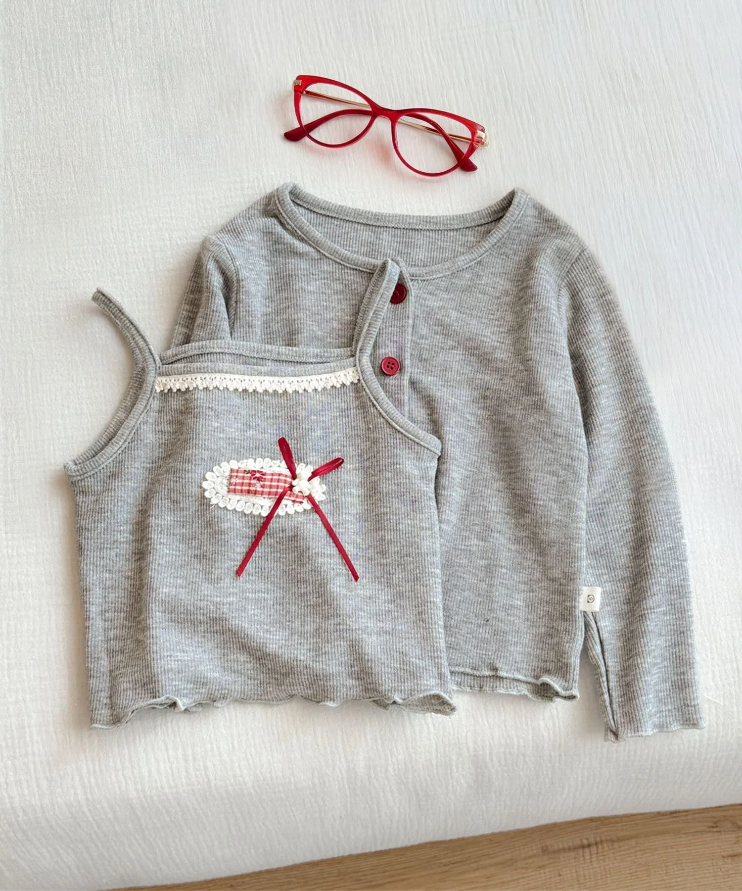 【aimoha-KIDS-】Комплект из кардигана в рубчик с ленточным узором