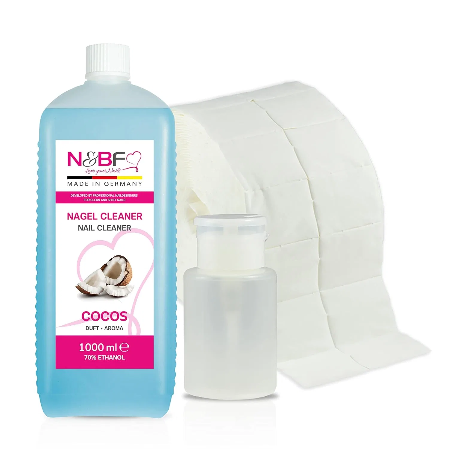 Очиститель для ногтей Nails Factory Coconut 1000 мл с помпой и 1000 целлюлозных салфеток N&Bf