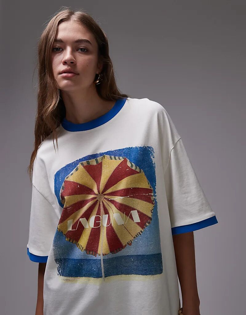 

Футболка Topshop с принтом Laguna Carosel и контрастным принтом цвета экрю.