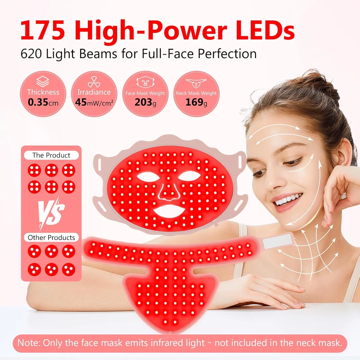 Маска для лица Usuielight — LED и шеи для светотерапии, 7 цветов, розовая , Pink, 203 г — фото 3
