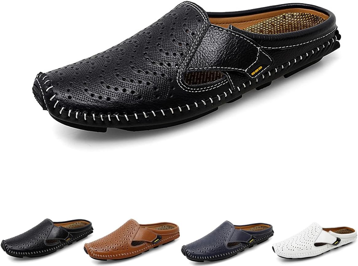 

Мужские кожаные мюли DESESE, удобные сабо, дышащая кожа с перфорацией, обувь на выход без шнурков, нескользящие повседневные лоферы, черный
