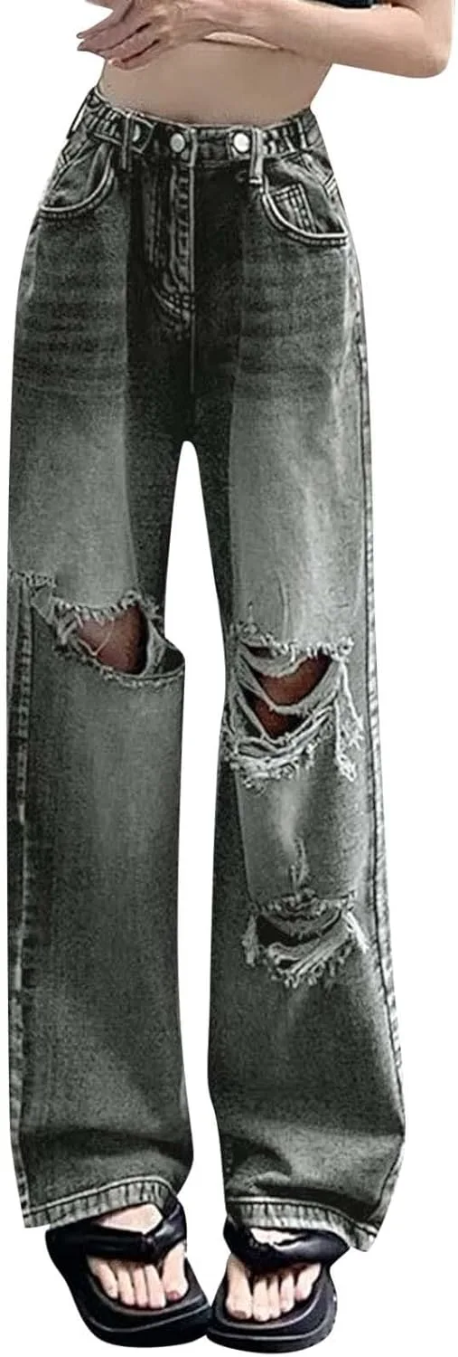 Женские джинсы baggy wide leg с потертостями в ретро стиле