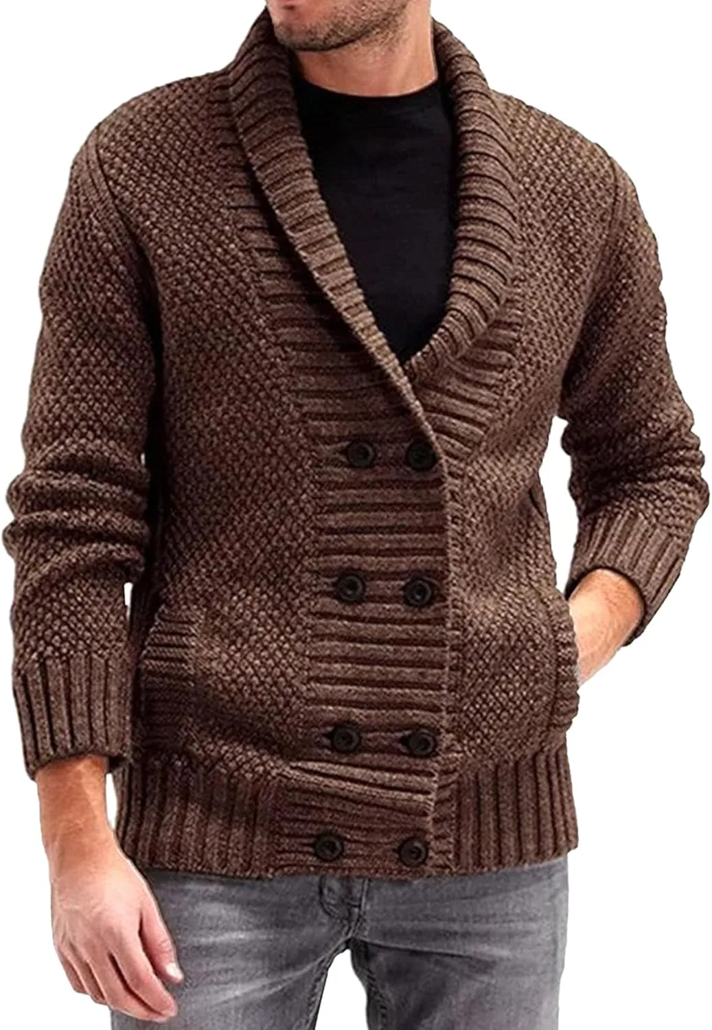 

Мужской кардиган с шальным воротником и двойной застежкой