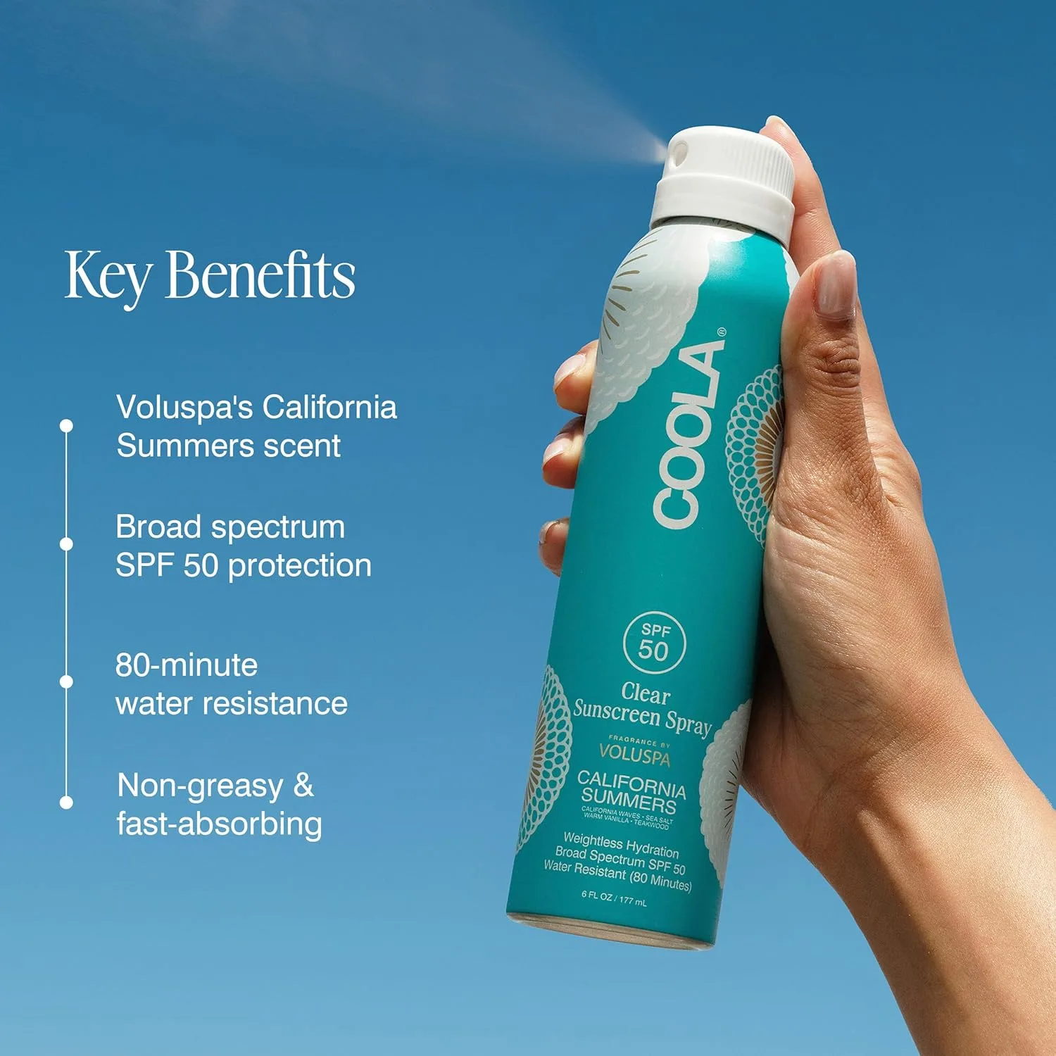 COOLA Organic Clear Sunblock Spray SPF 50, аромат Voluspa California Summers, протестировано дерматологами, средство для ежедневной защиты кожи, веганский продукт, не содержит глютена., Multicolor — фото 3