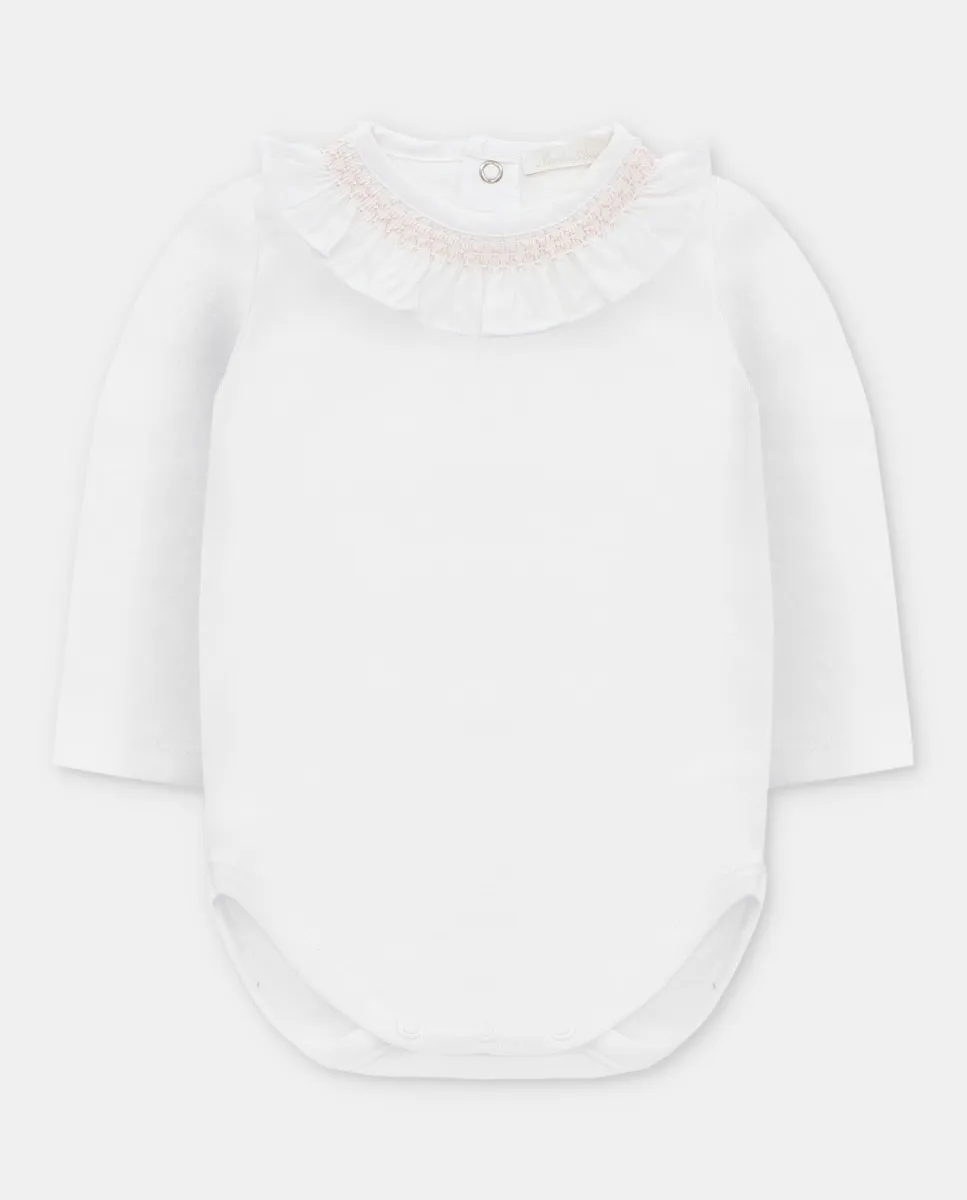 

Боди для младенца из интерлока белого цвета с воланным воротником, вышитым розовым Martín Aranda