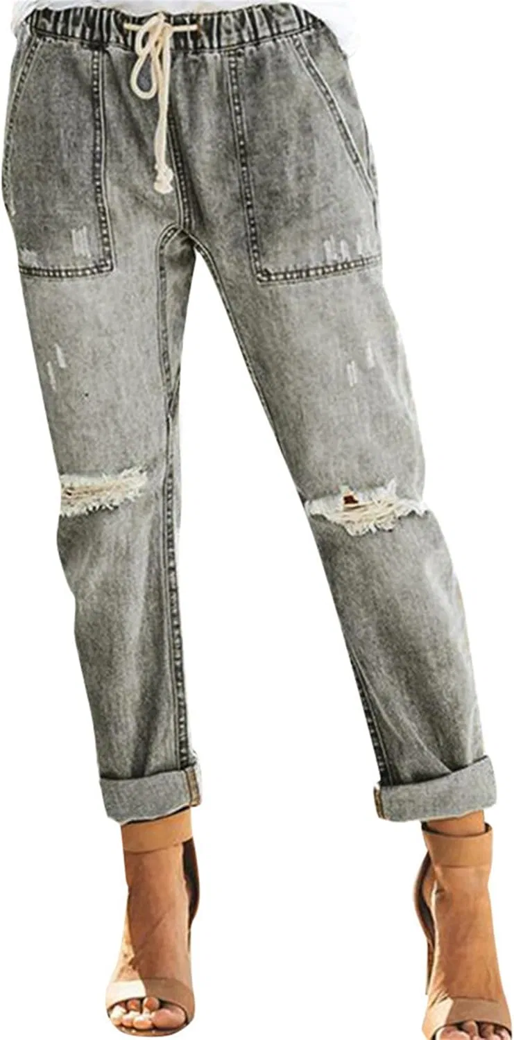 Джинсы distressed эластичные на поясе, серый