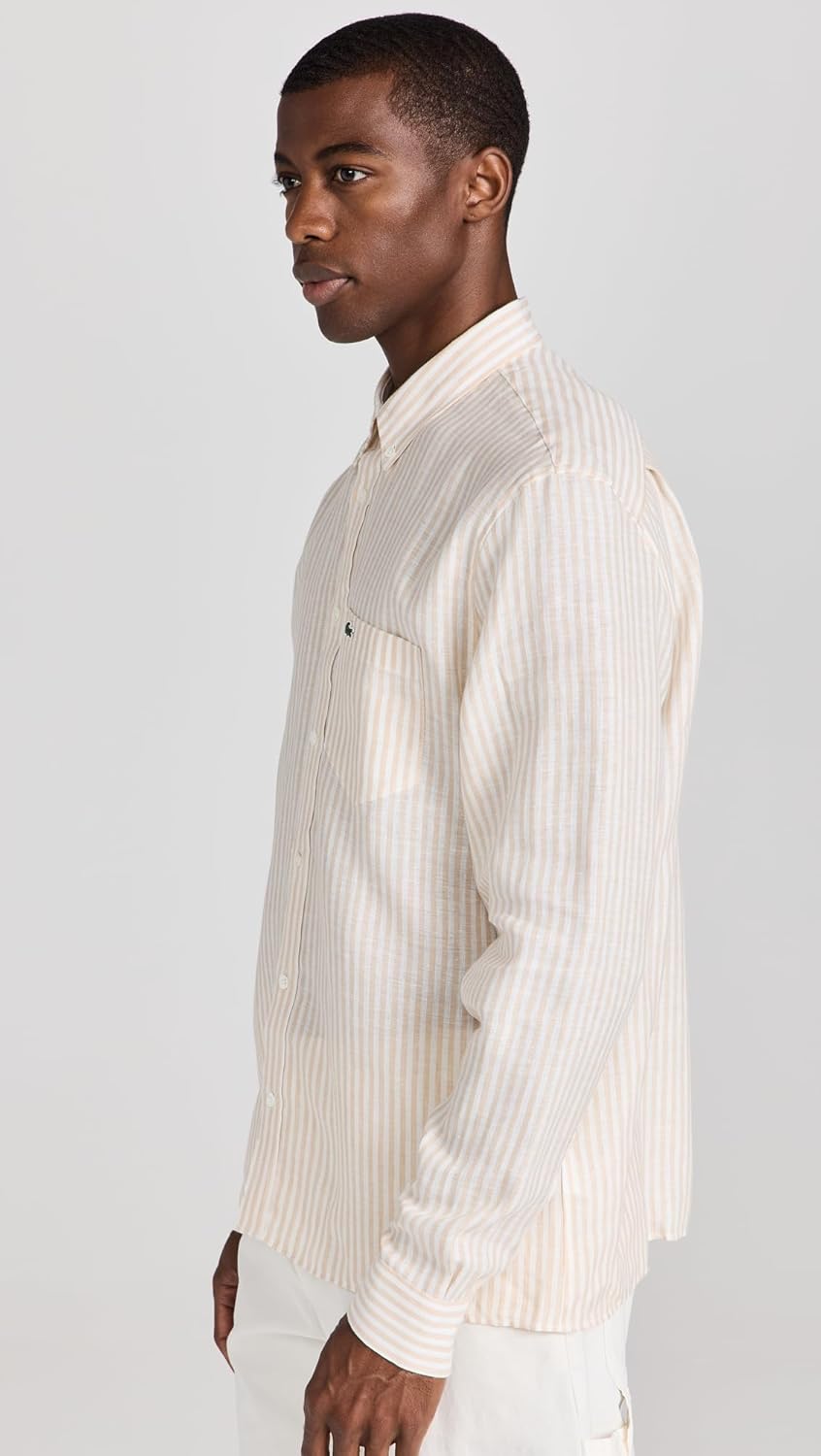 Мужская рубашка Lacoste Reg Fit Linen Casual Button Down, White/Croissant — фото 4